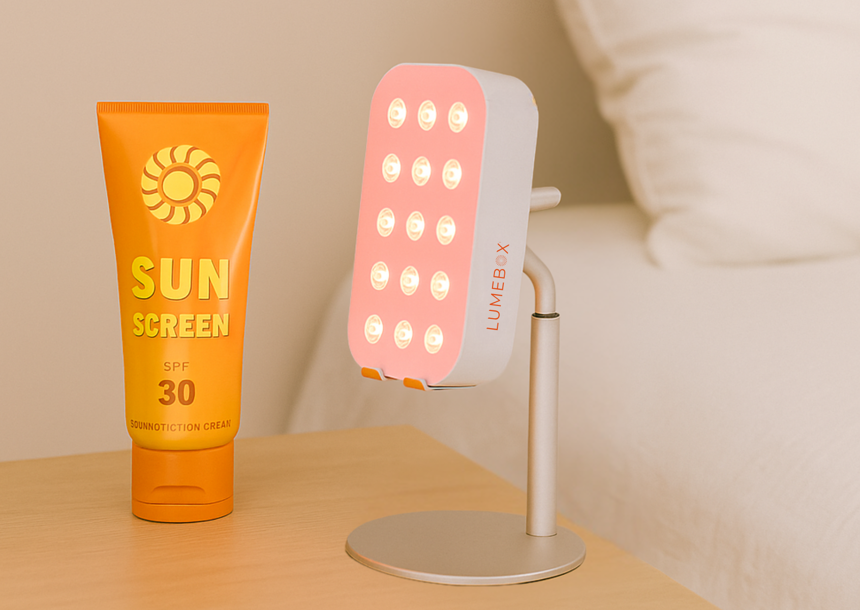 LUMEBOX red light therapy device next to SPF sunscreen bottle